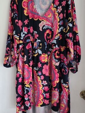 Southern Stitch Floral High Low Dress in Black with Pink Accents L